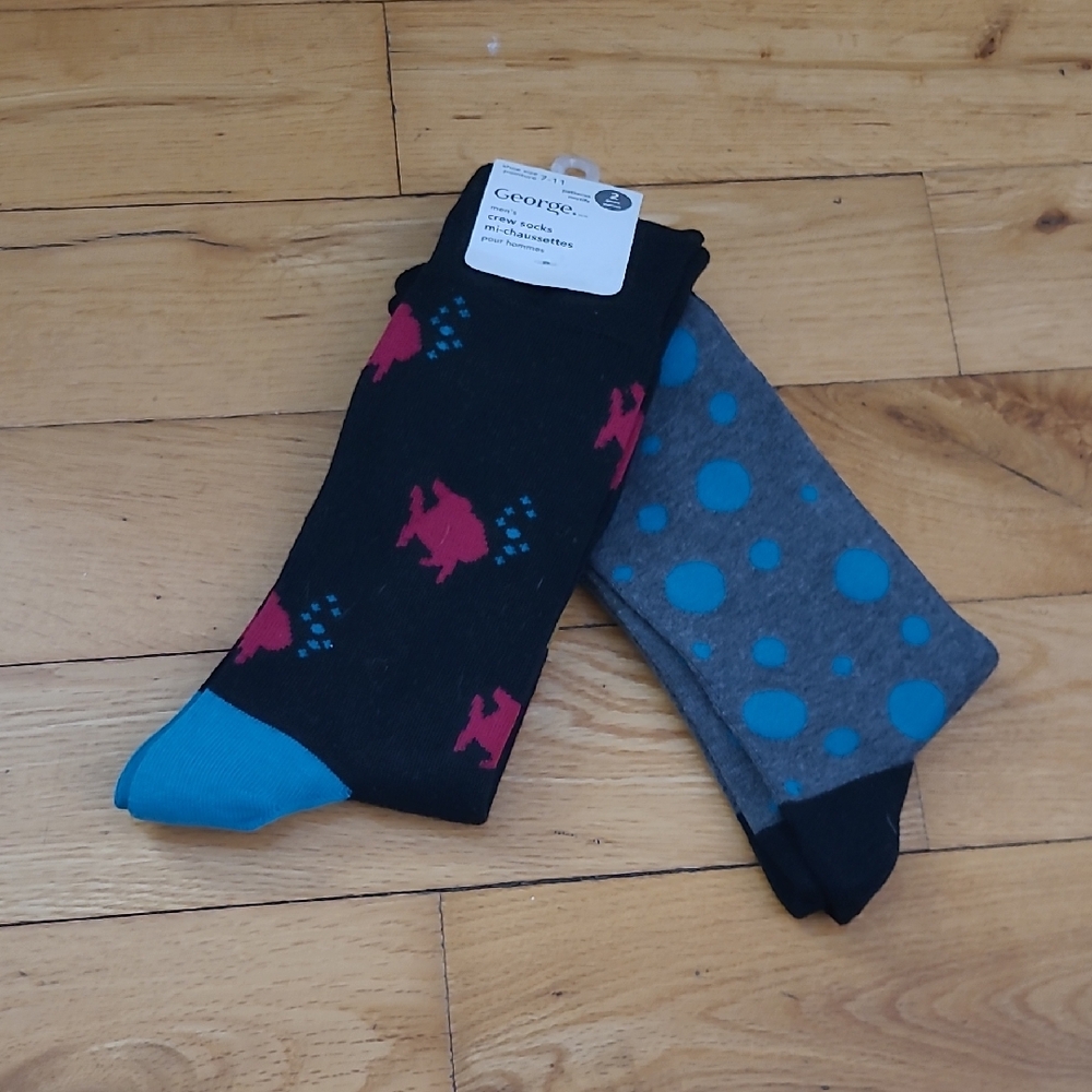 NEW Bundle 2 Pairs Mens Crew Socks Cotton Fish & Polka dots Mutlicolored Sz 7-11